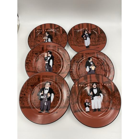 Set of 6 Guy Buffet Williams Sonoma LES GARCONS Waiters Salad Plates Japan 7.75” - Picture 1 of 9